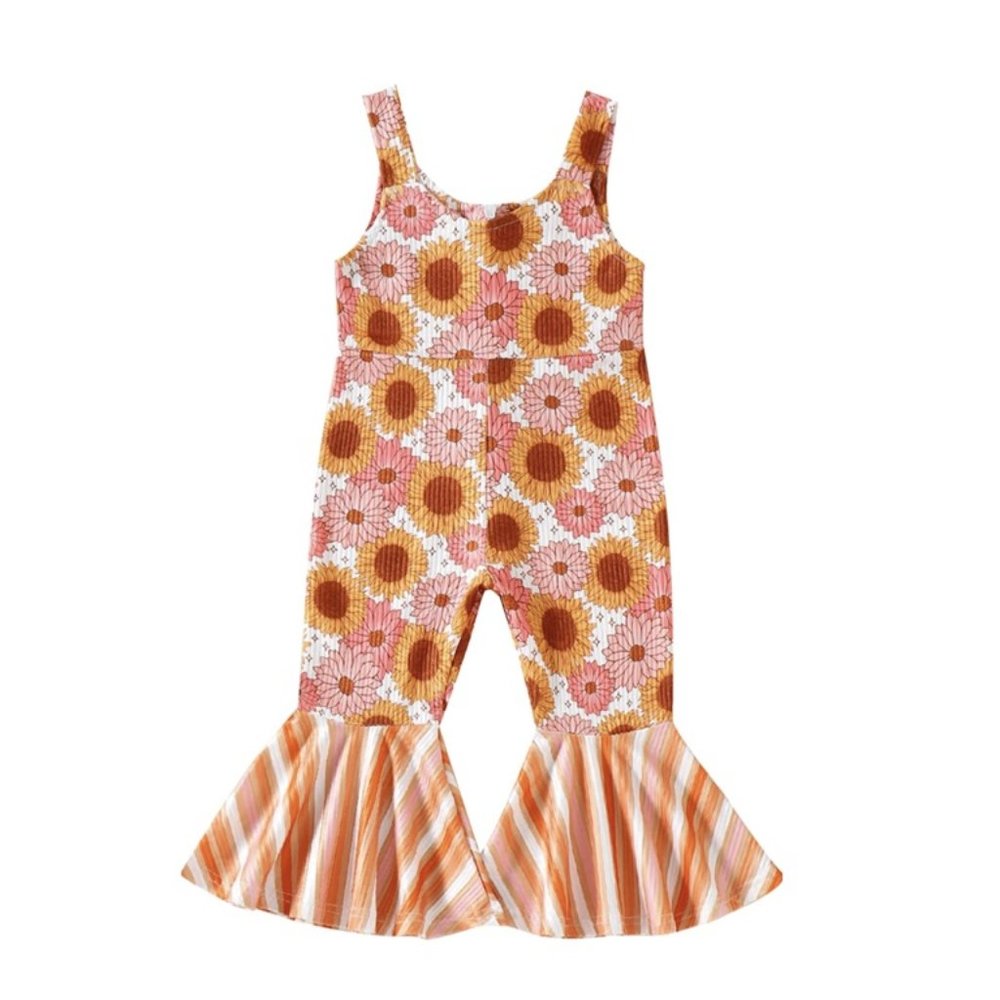 Groovy Jumpsuit Floral Birthday Outfit Clothes Easter Romper Retro Bell Bottom - Picture 1 of 7